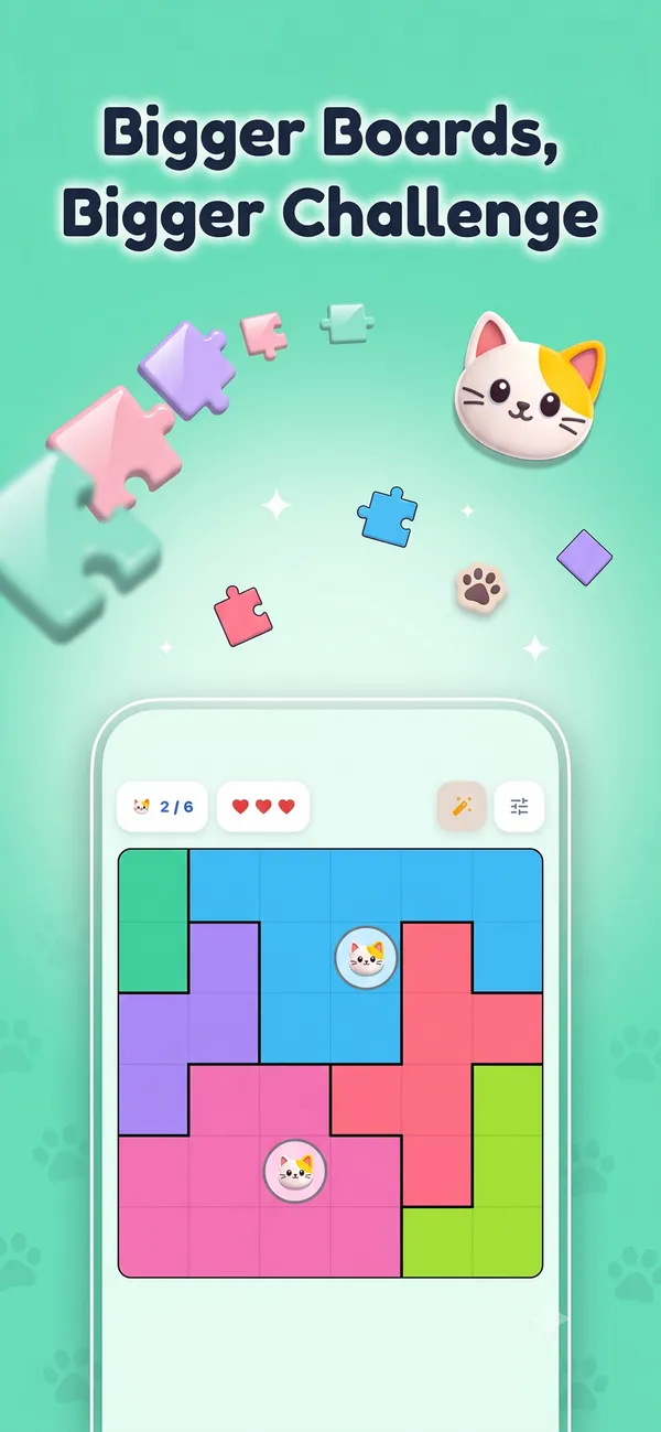 A 6×6 Catzzle board split into colored regions with two cats placed