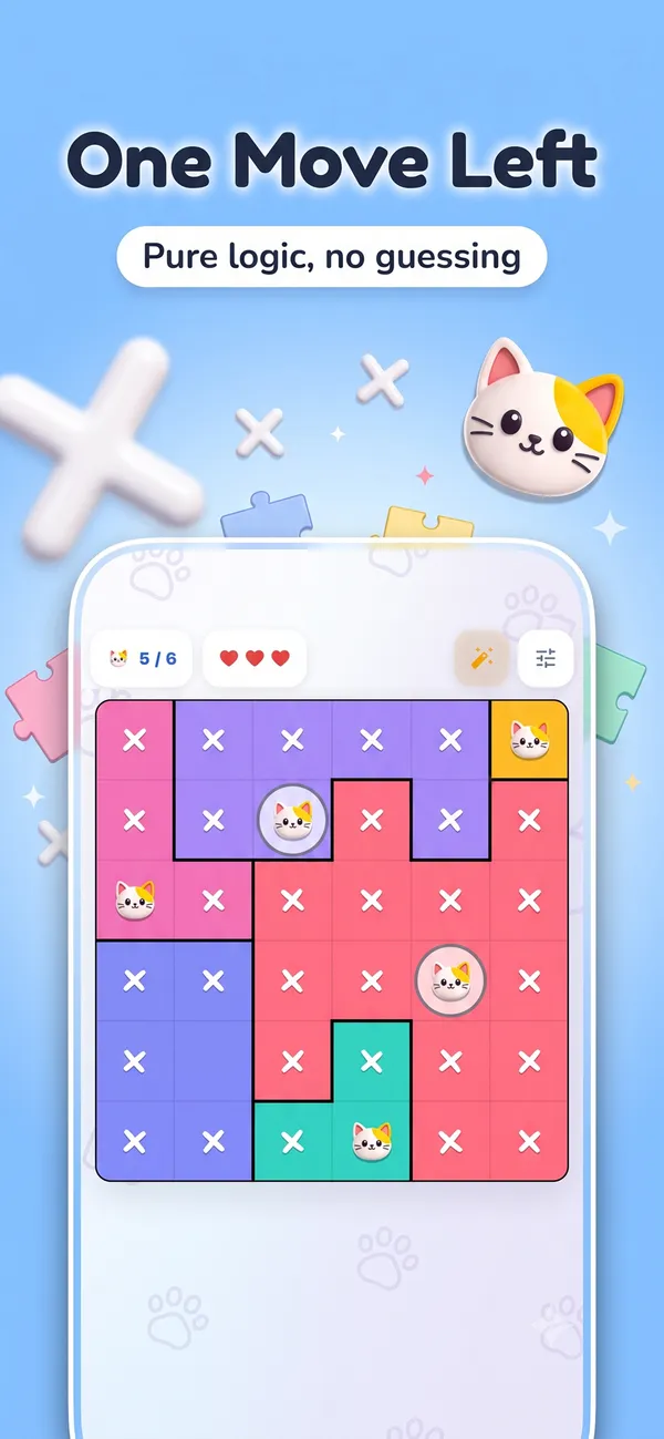 Catzzle board one move from solved, with cats placed and crossed-out squares in each color region