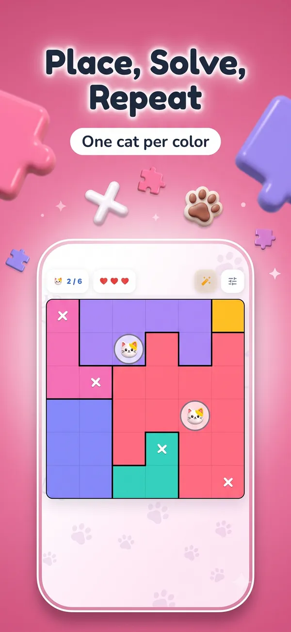 Catzzle level in progress showing the one cat per color rule